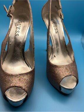 GUESS Shoes Women's Glitter Peep-Toe Slingback Heels - Rose Gold Glitter